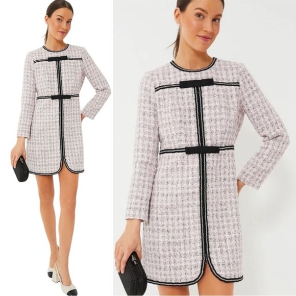 Pomander Place NEW Brigitta Pink Tweed Long Sleeve Retro Mini Dress Size S - Picture 1 of 10